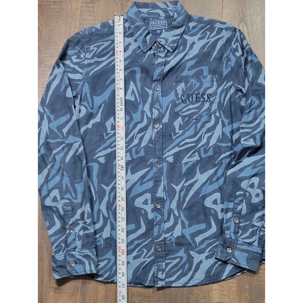 Guess Mens Blue‎ Abstract Tiger Print Long Sleeve Button Down Shirt Size 16